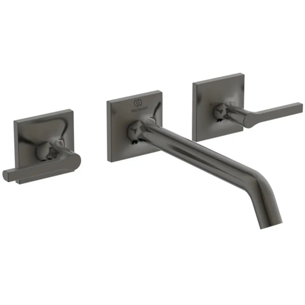 Wand-Waschtischarmatur in Schwarz mit zwei Hebelgriffen. Die Armatur ist von Ideal Standard und hat ein modernes, minimalistisches Design.
